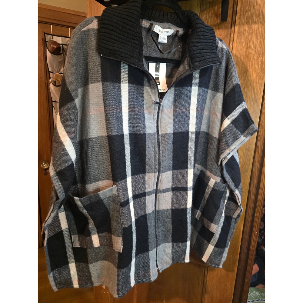 Nine West Womens Flannel Zip Up Vest Plaid Black Pink OS NWT